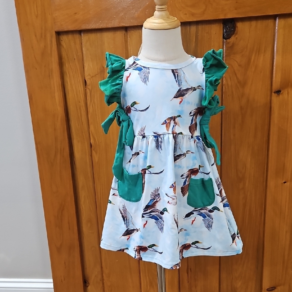 Charming Kids Dress with Bird Print and Green Accents